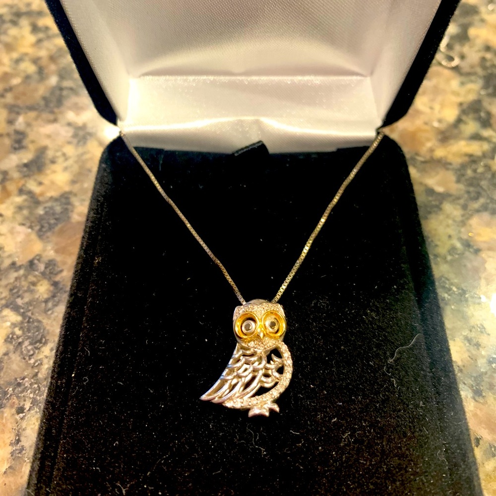 15K Gold and Silver Owl Pendant with Silver Chain